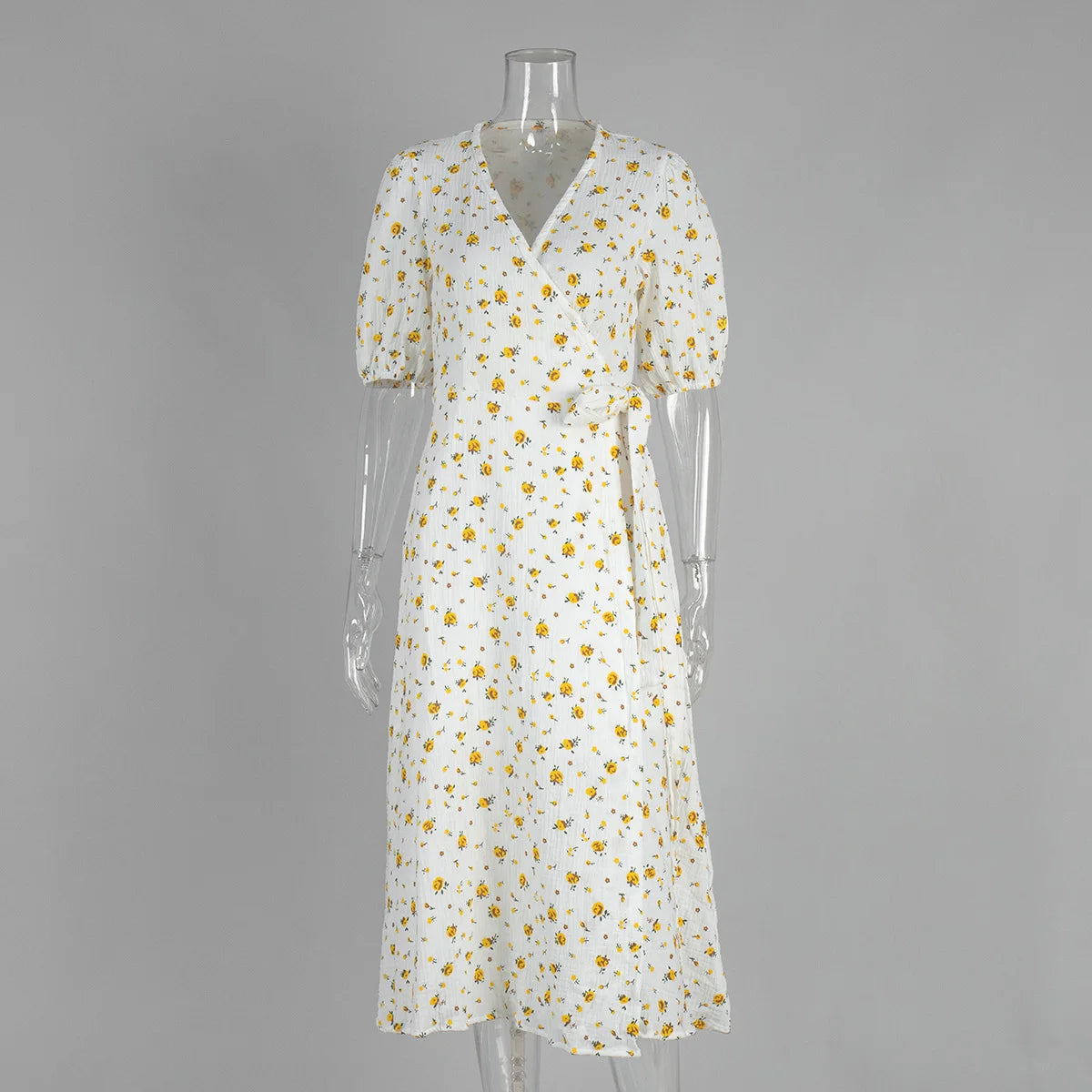 Casual Floral Printed Cotton Dress V-neck Short Sleeve Tunics Lace-up