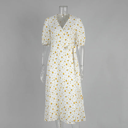 Casual Floral Printed Cotton Dress V-neck Short Sleeve Tunics Lace-up