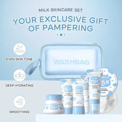 Skin Care Set  Facial Cleanser & Body Scrub & Hand Wax & Eye Cream & Sunscreen & Storage Bag