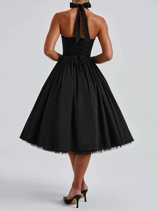 Sleeveless Midi Dress with Tie-up Halter Neck and Open Back
