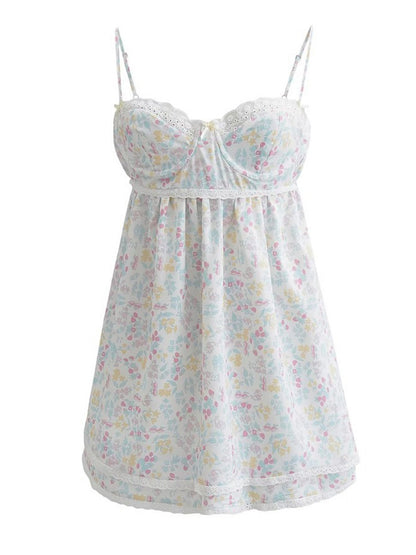 Mini Dress Floral Print Lace Sleeveless Backless Sling Dress