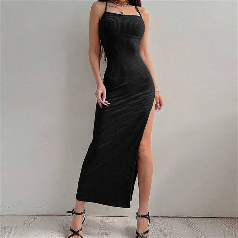Sexy  Sleeveless Backless Halter Neck Spaghetti Strap Dresses High Split