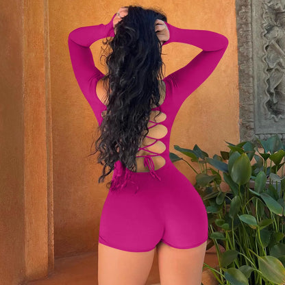 Long Sleeves Backless Solid Lace Up Sexy Slim Skinny PlaysuitLace ZZZZZZZZZZZZZZZZZZZUP