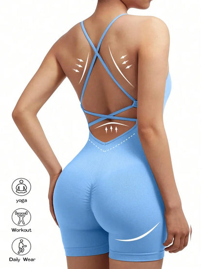 Sexy Fitness Jumpsuit Scrunch Shorts Backless Set Romper