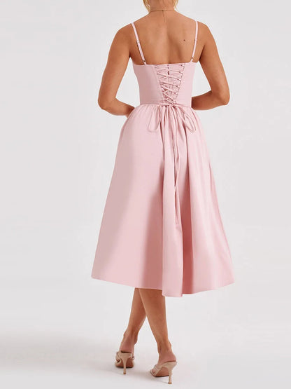 Midi Cami Dress Solid Color Sleeveless Backless Flowy Party Dresses