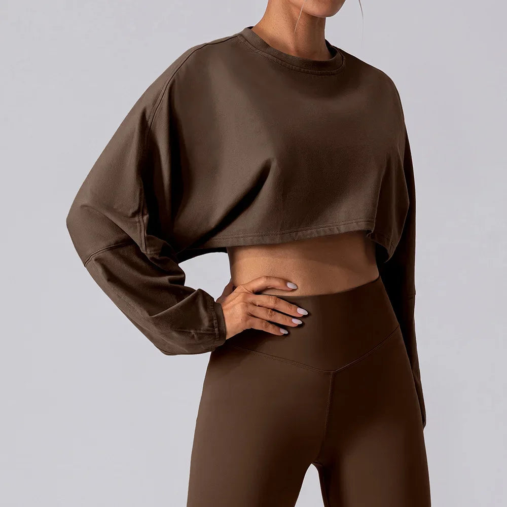 Women Sports Crop Top Long Sleeve T-Shirts Yoga Loose Tops