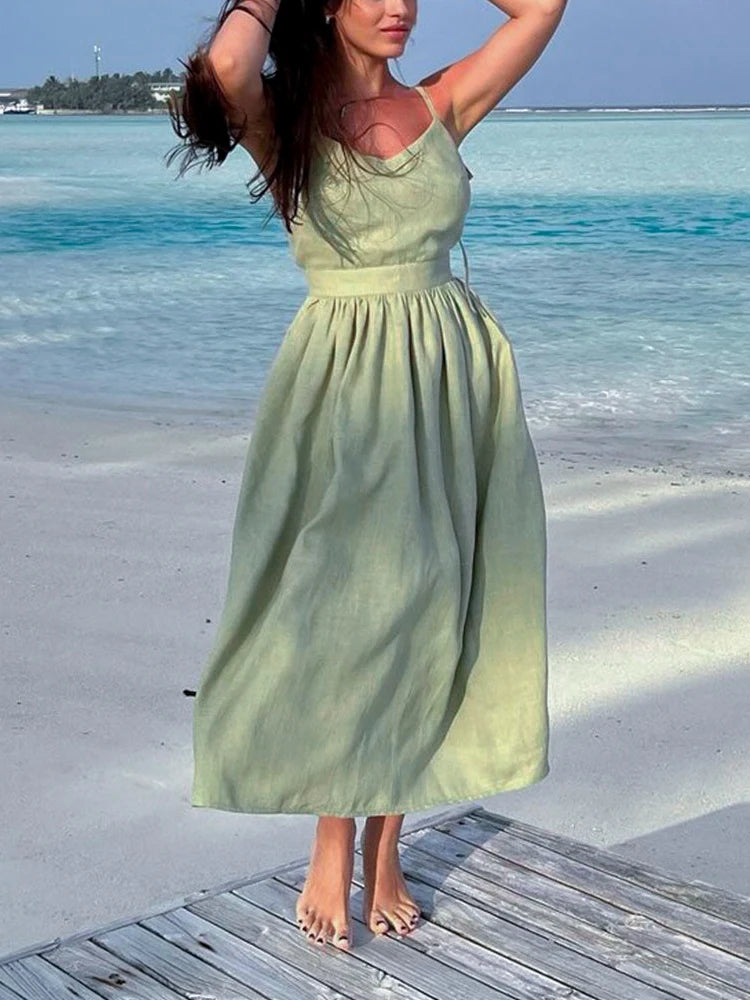 Casual Solid Color Long Dresses Sexy  Backless Party Pleated Dress