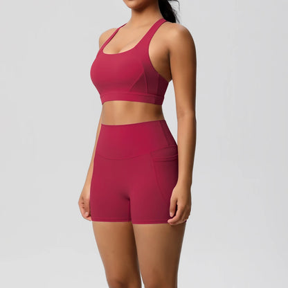 2PCS With Pocketed Set Gym Sports Shorts Crossover Bra Gym Leggings