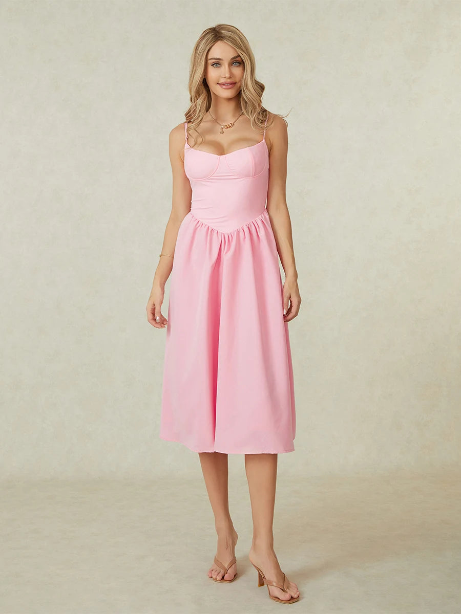 Midi Cami Dress Solid Color Sleeveless Backless Flowy Party Dresses