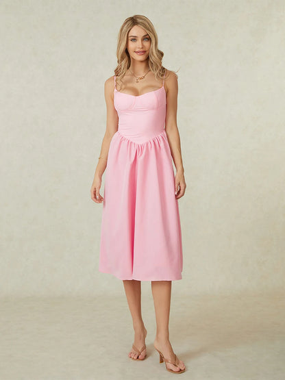 Midi Cami Dress Solid Color Sleeveless Backless Flowy Party Dresses