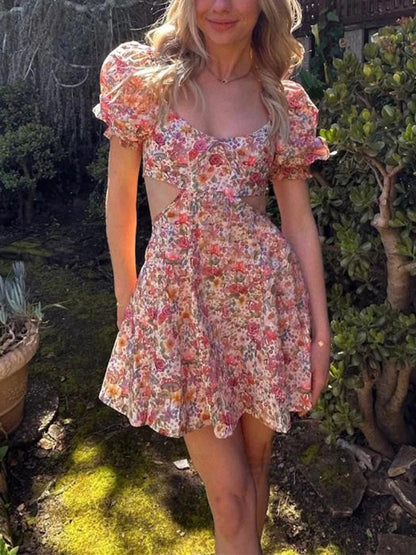 Floral Print Dress Short Puff  Square Neck Cutout Waist  Mini A-Line Dress