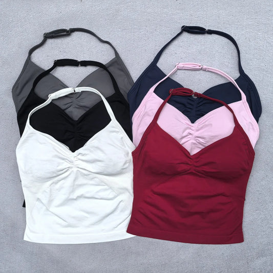 Adjustable Strappy Gym Top Backless Scrunch Bra Removable Cups