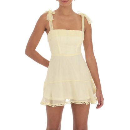 Casual Dress Floral Print Tie-Up Shoulder Strap Mini Dress Double Layer Backless