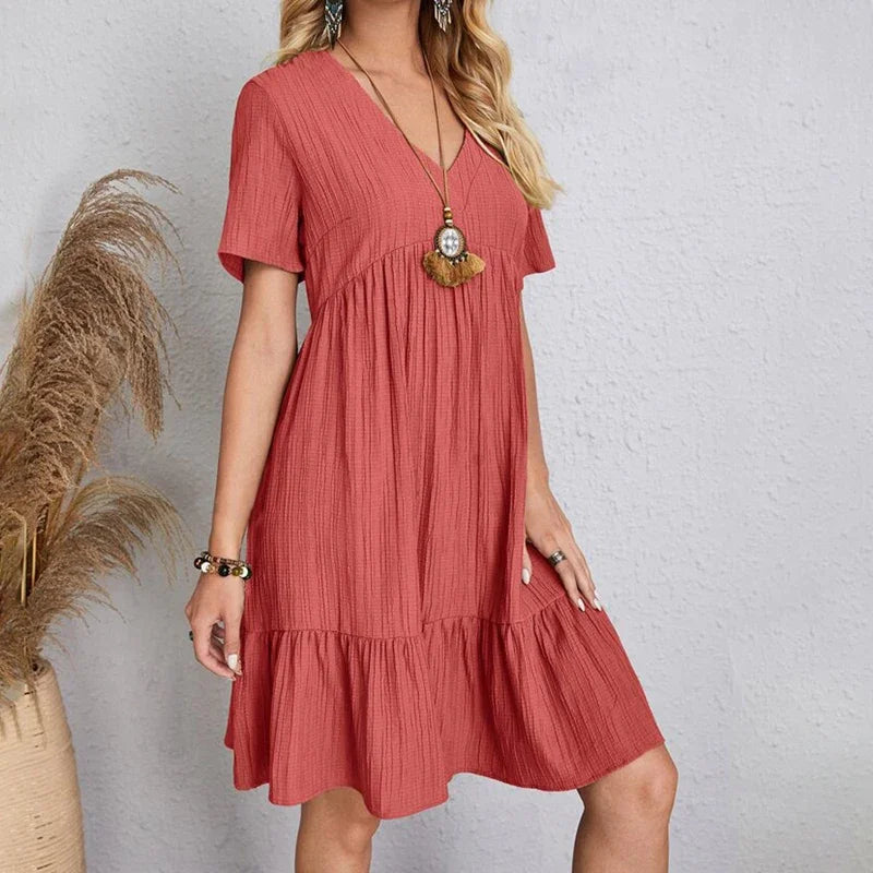 Loose V-neck Short Sleeved Pleated Women Dress