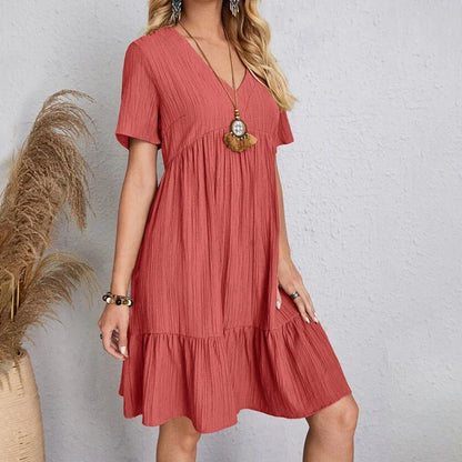 Loose V-neck Short Sleeved Pleated Women Dress