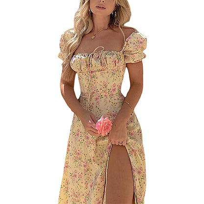 Maxi Dress with Puff Sleeves Lace-Up Detail Floral Print and High Side Split for a Stylish Look