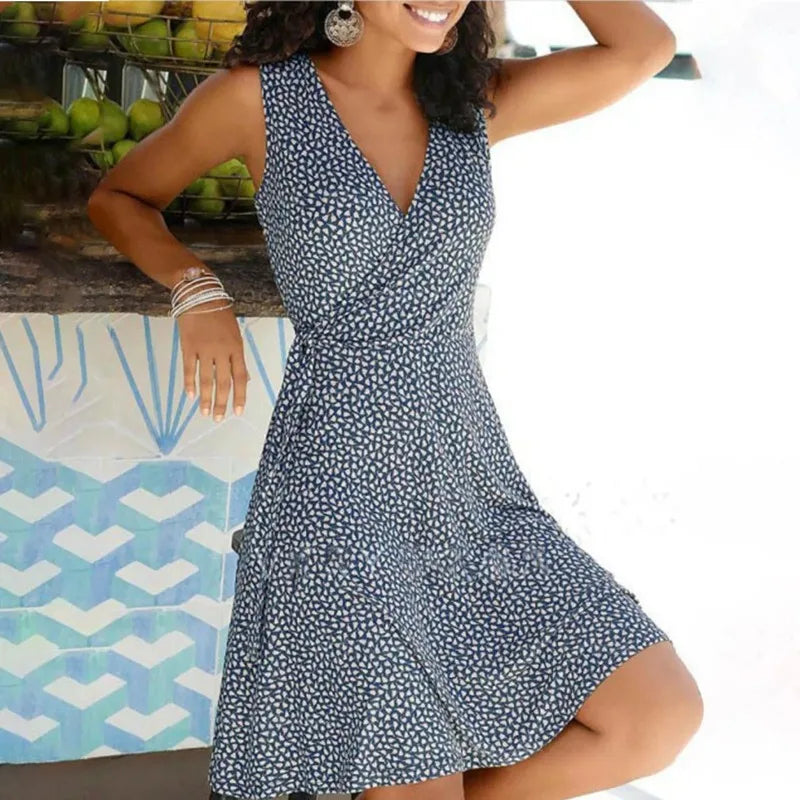 Casual Plus Size Floral Wrap V Neck Midi Dress A Line Swing Cap Sleeve