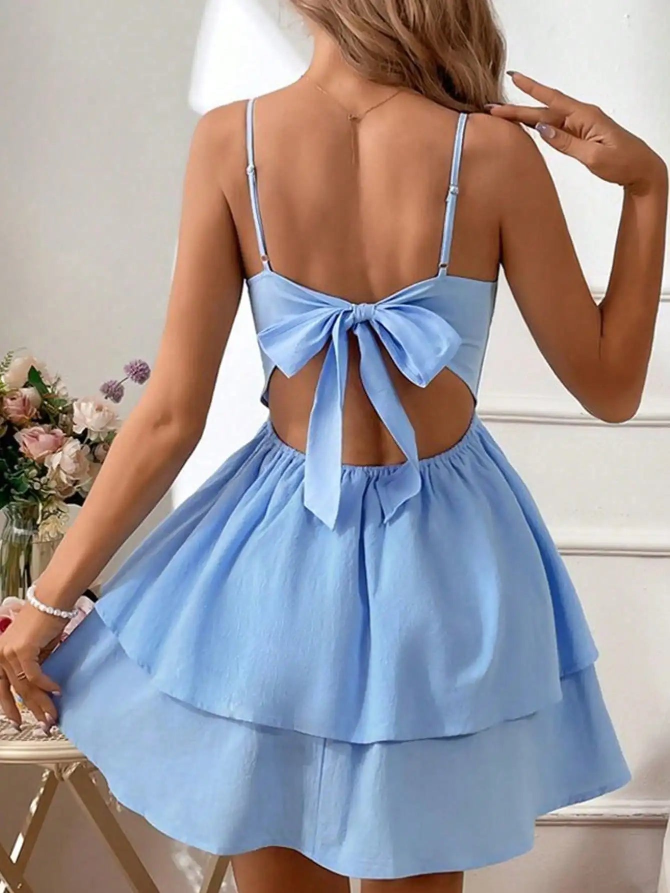 Light Blue Italian Thin Strap Layered Mini Dress Is A Sexy and Cute Short Party Dress