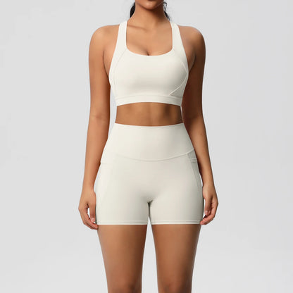 2PCS With Pocketed Set Gym Sports Shorts Crossover Bra Gym Leggings