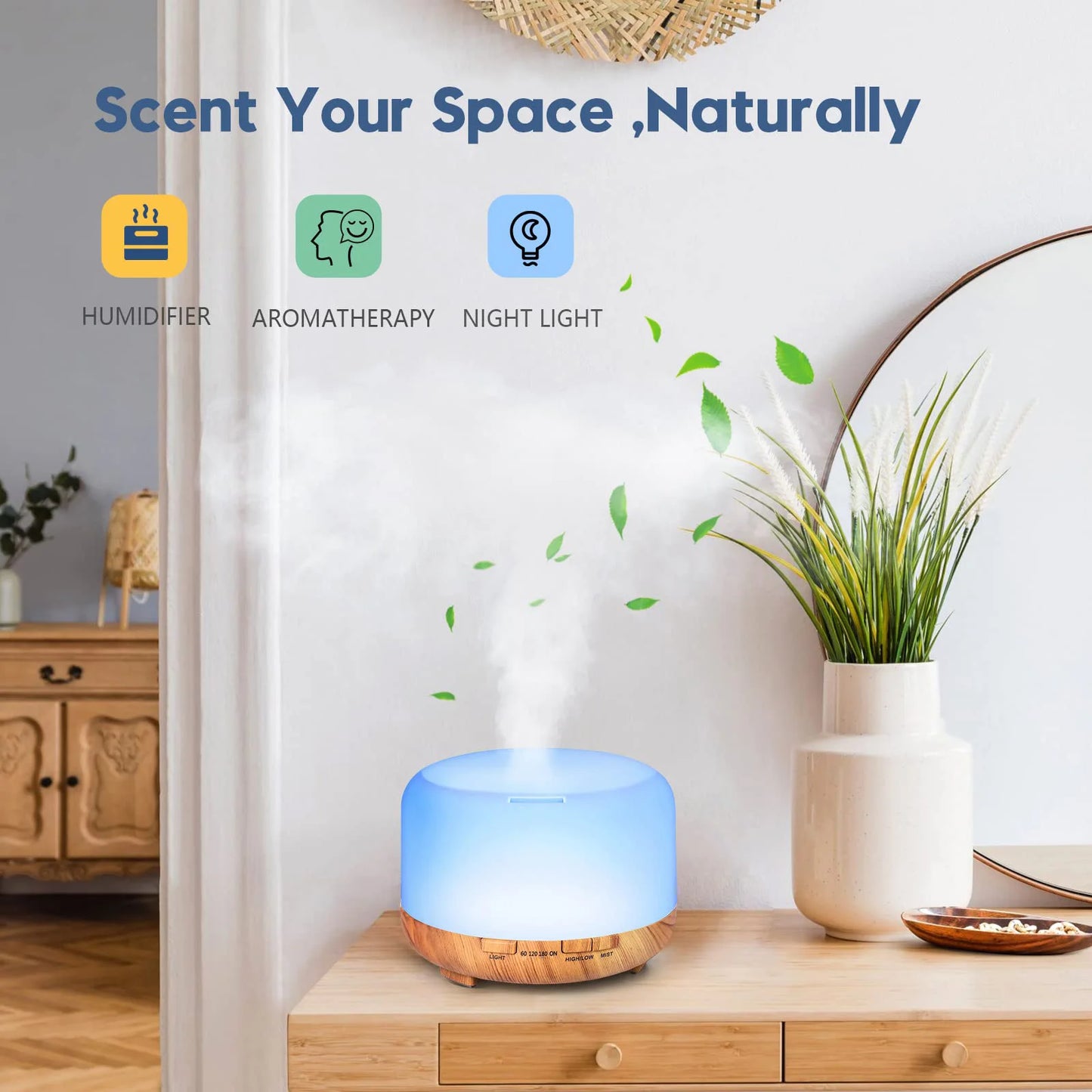 500ML Aromatherapy Oil Diffuser, with 6 Bottle 10ML Essential Oil Set (Lavender/Rose/Jasmine/Lemon/Hilton/Ocean)