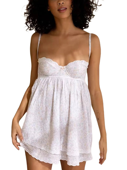 Mini Dress Floral Print Lace Sleeveless Backless Sling Dress