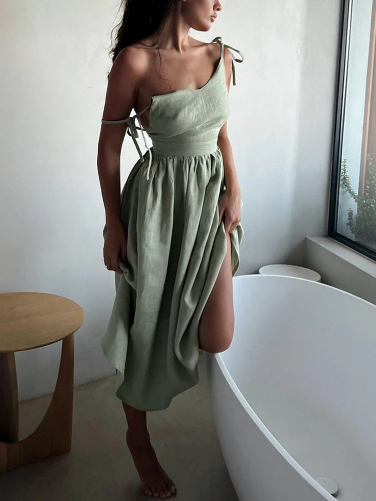 Casual Solid Color Long Dresses Sexy  Backless Party Pleated Dress