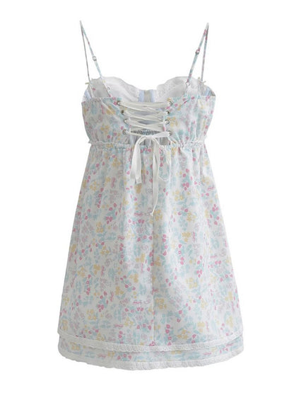 Mini Dress Floral Print Lace Sleeveless Backless Sling Dress