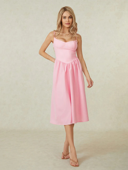 Midi Cami Dress Solid Color Sleeveless Backless Flowy Party Dresses
