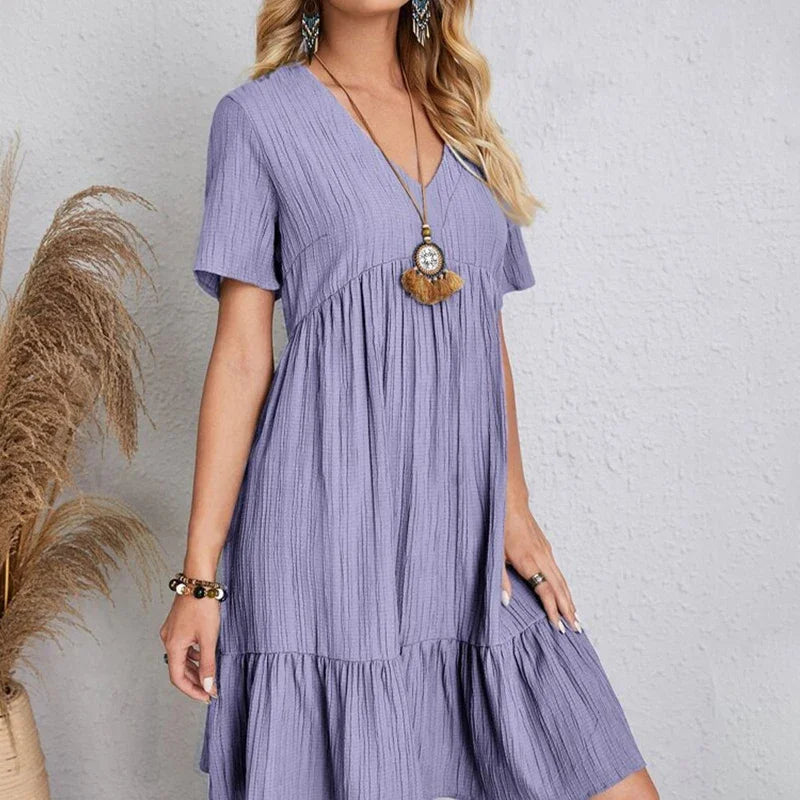 Loose V-neck Short Sleeved Pleated Women Dress
