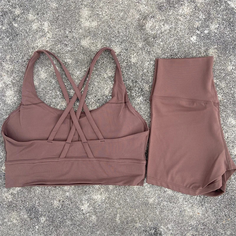Yoga Set 2 Piece Cross Back Bra Top High Waist Shorts