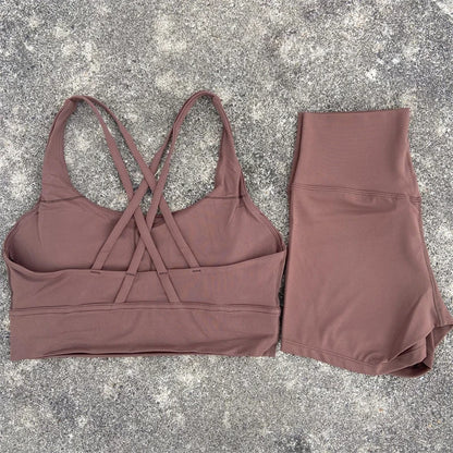 Yoga Set 2 Piece Cross Back Bra Top High Waist Shorts