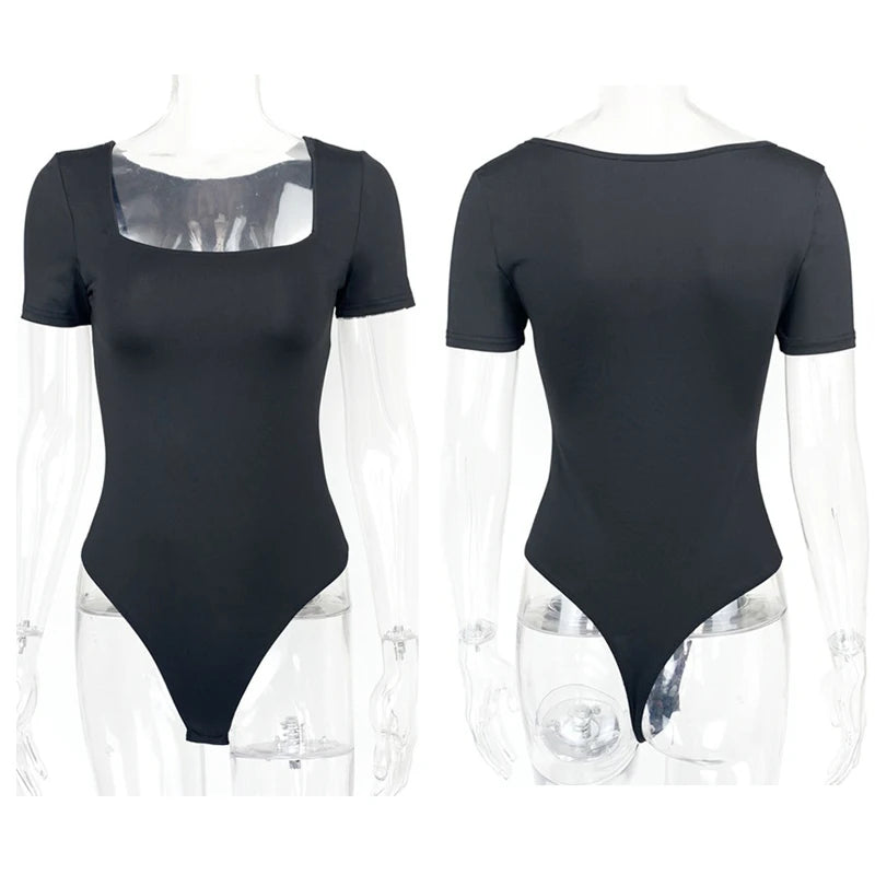 Short Sleeve Bodysuits  Square-Cut Collar Solid Bodycon