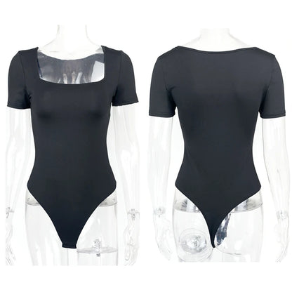 Short Sleeve Bodysuits  Square-Cut Collar Solid Bodycon