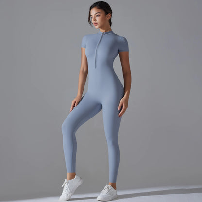 Yoga Set  Jumpsuits One-Piece Suit Zipper Short Sleeve
