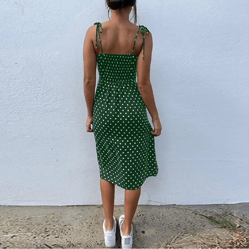 Polka Dot Sleeveless High Pleated elastic waist V-Neck  Dress