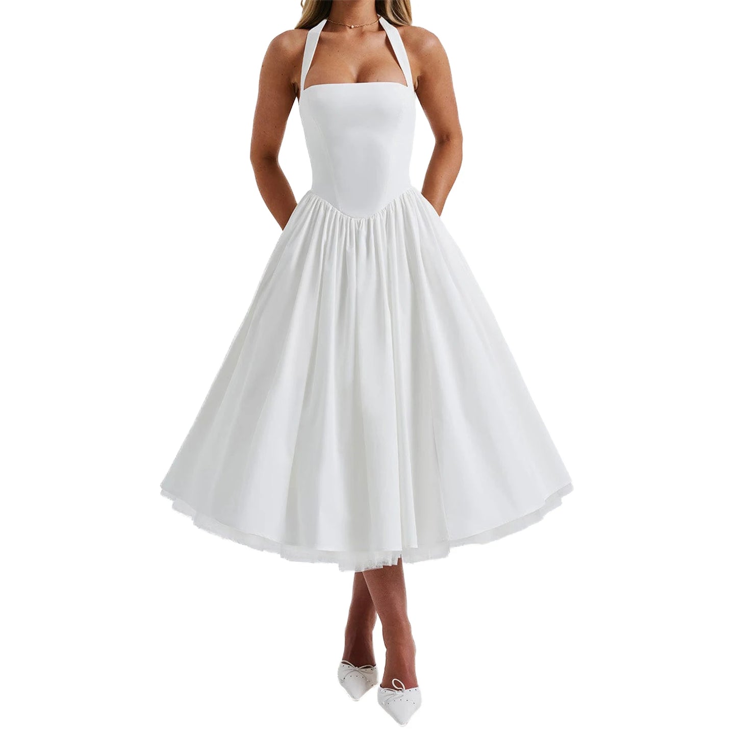 Sleeveless Midi Dress with Tie-up Halter Neck and Open Back