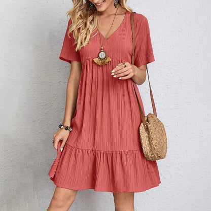 Loose V-neck Short Sleeved Pleated Women Dress