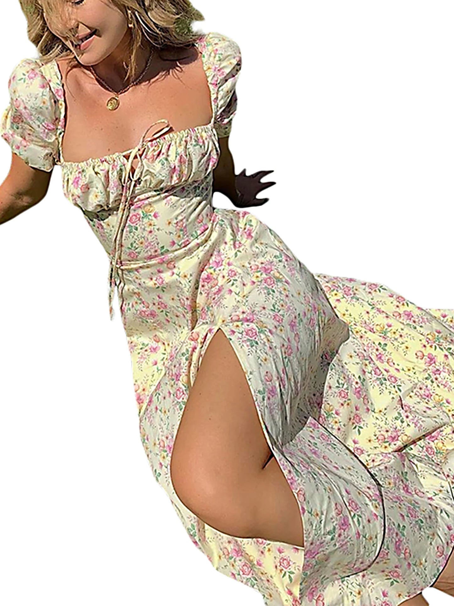 Maxi Dress with Puff Sleeves Lace-Up Detail Floral Print and High Side Split for a Stylish Look