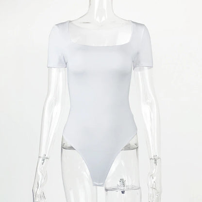 Short Sleeve Bodysuits  Square-Cut Collar Solid Bodycon