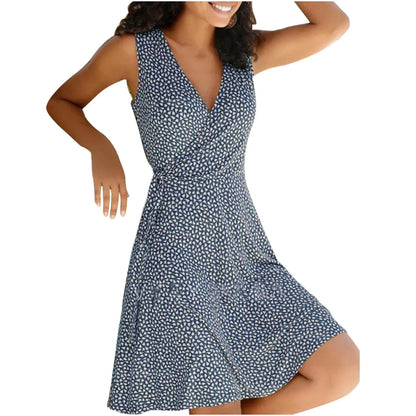 Casual Plus Size Floral Wrap V Neck Midi Dress A Line Swing Cap Sleeve