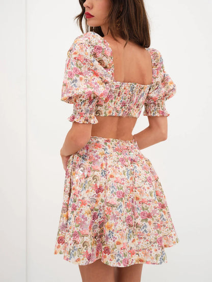Floral Print Dress Short Puff  Square Neck Cutout Waist  Mini A-Line Dress