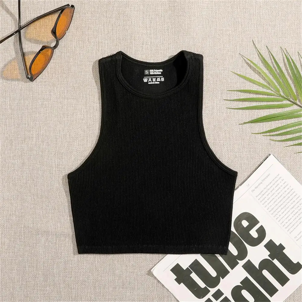 Black White Crop Tops Seamless  Rib Knit Breathable Tank Top Without Pads
