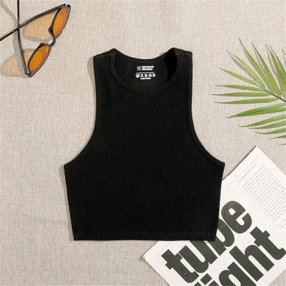 Black White Crop Tops Seamless  Rib Knit Breathable Tank Top Without Pads