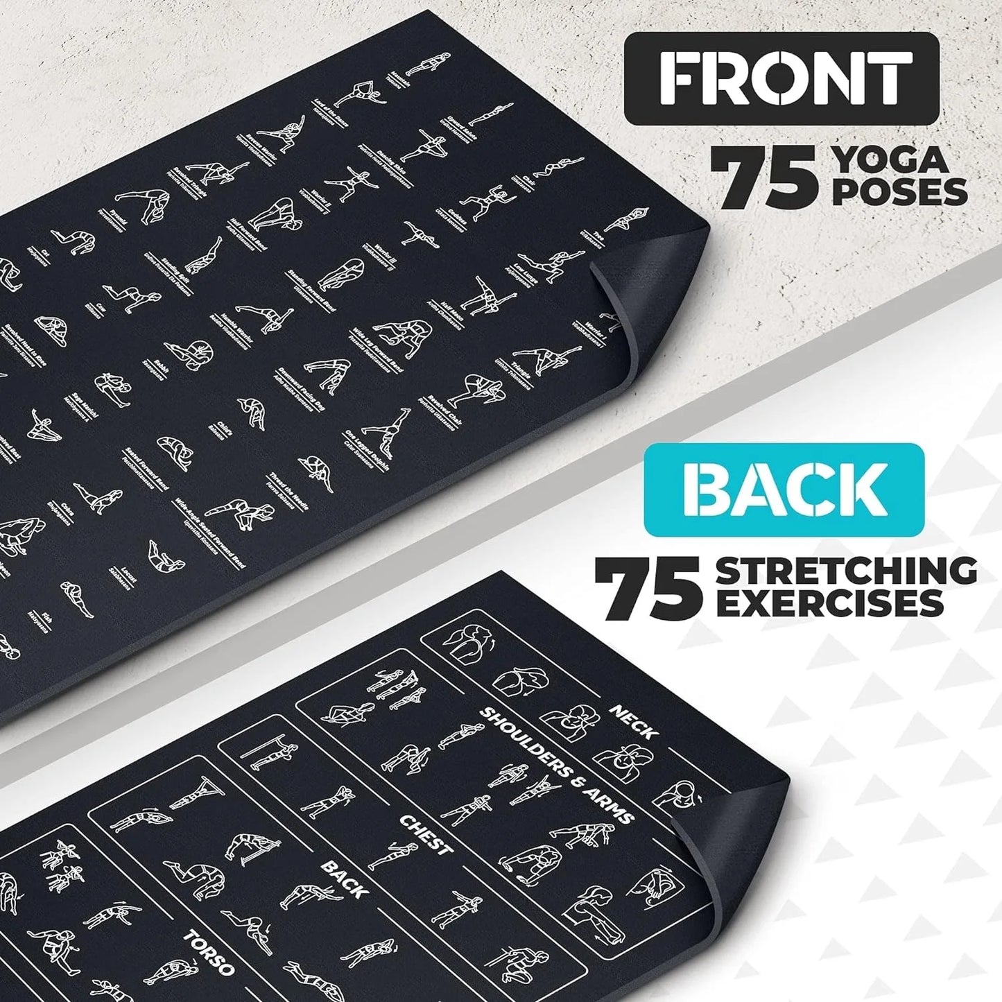 Instructional Yoga Mat with Poses Printed On It & Carrying Strap - 75 Illustrated Poses & 75 Stretches