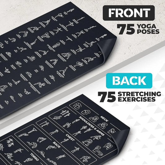Instructional Yoga Mat with Poses Printed On It & Carrying Strap - 75 Illustrated Poses & 75 Stretches