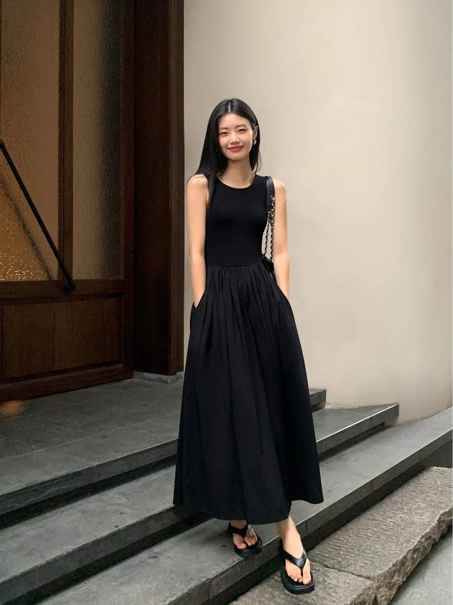 Women Chic A-Line Midi Dresses Female Bodycon Elegant Black White