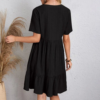 Loose V-neck Short Sleeved Pleated Women Dress