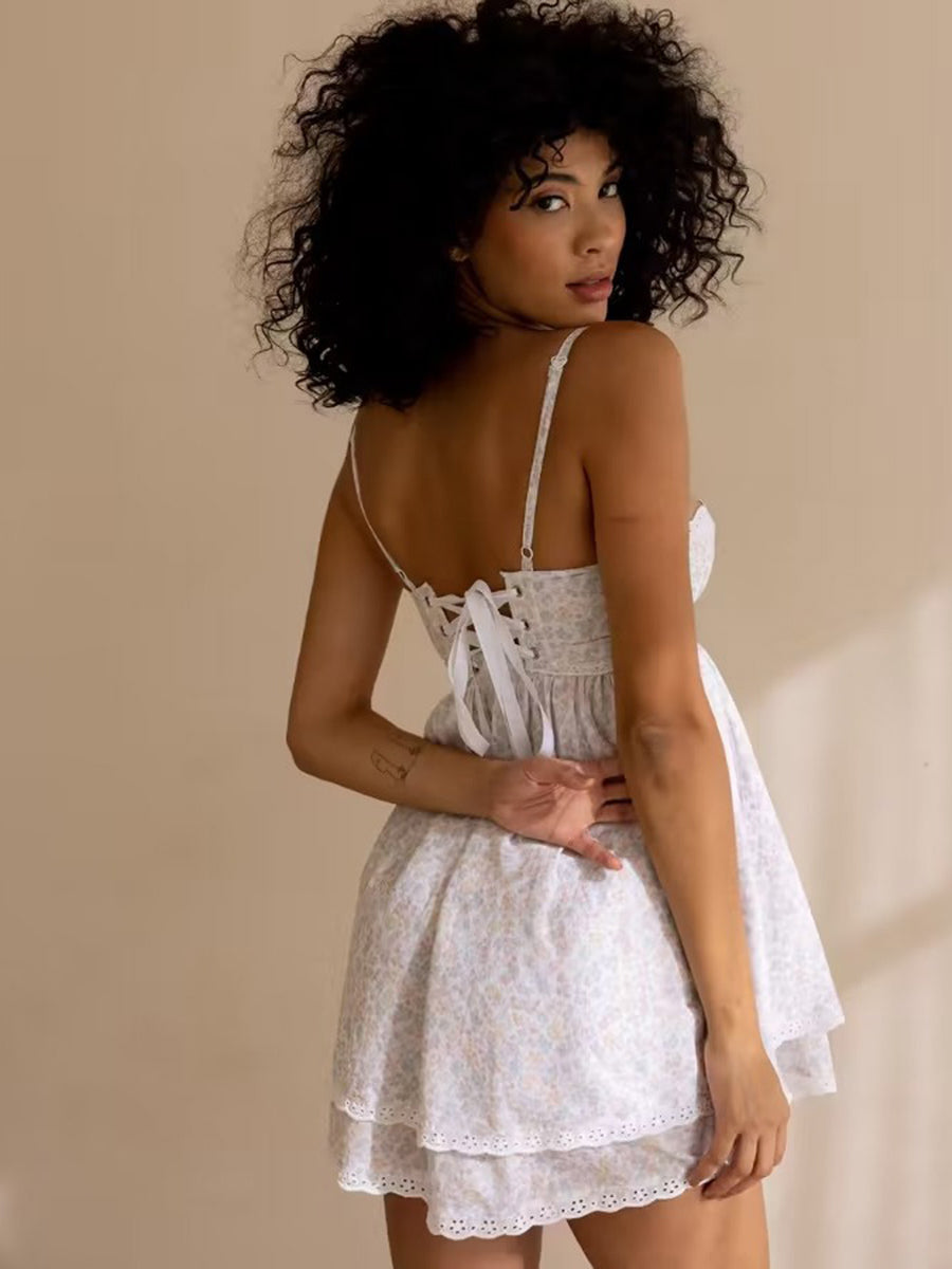 Mini Dress Floral Print Lace Sleeveless Backless Sling Dress