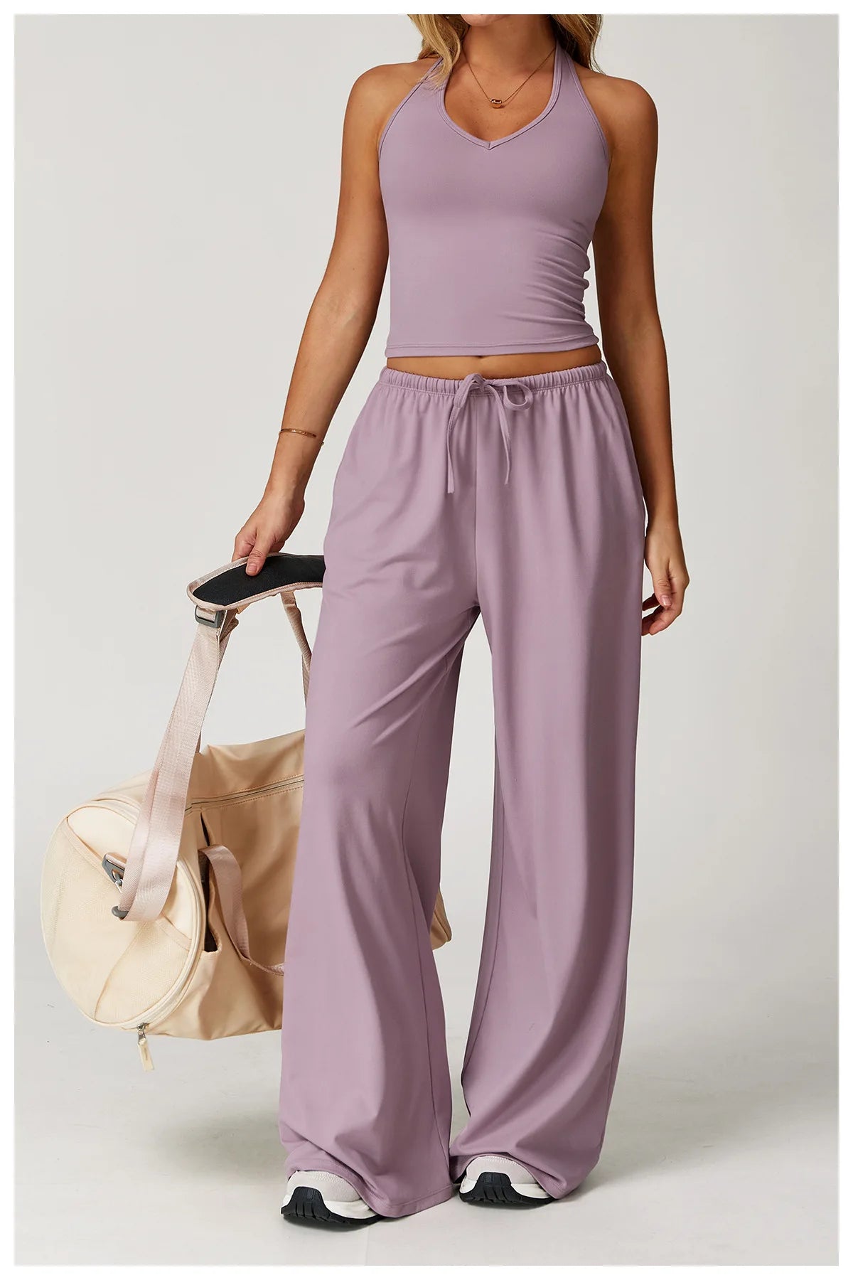 Yoga Clothes Set 2 Piece Gym Set Straight Draw String Pants Padded Sports Tank Top