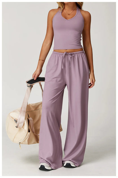Yoga Clothes Set 2 Piece Gym Set Straight Draw String Pants Padded Sports Tank Top
